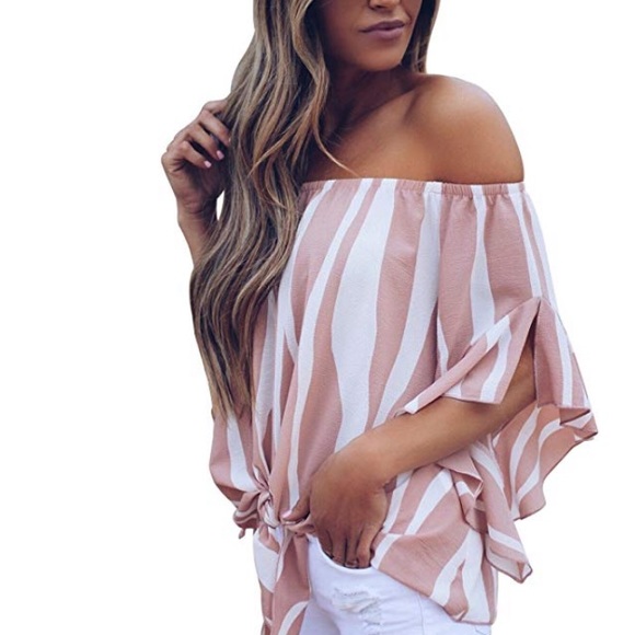 Beautiful woman striped off shoulder top blouse - Picture 2 of 5